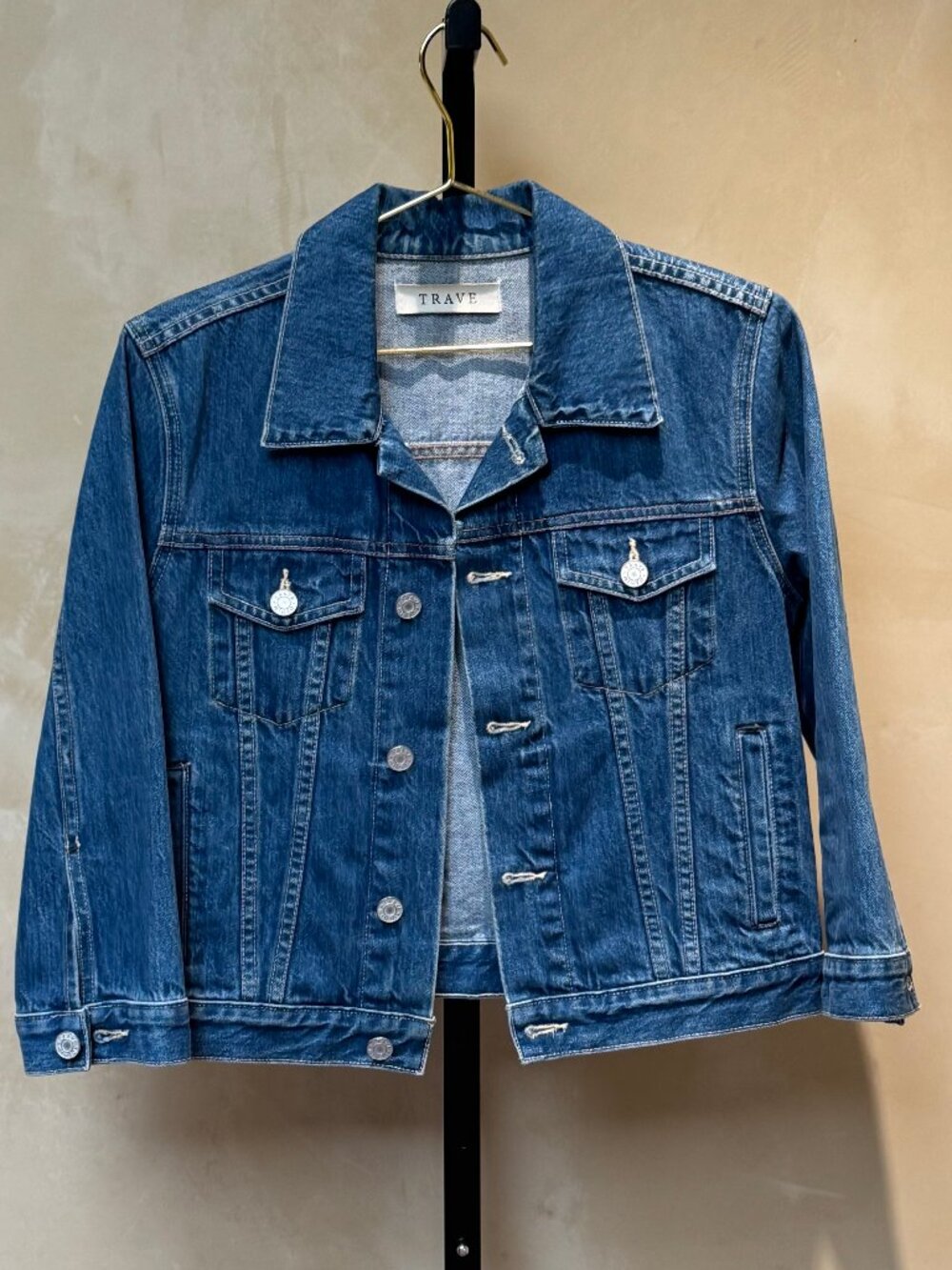 TRAVE Denim Medium Wash Zoey Cropped 3/4 Sleeve Trucker Jacket Size SMALL